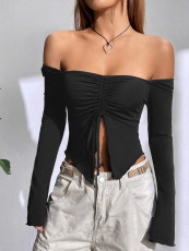 Wooden Ear Flared Sleeves Sexy Strapless Top GXYF-0405