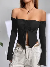 Wooden Ear Flared Sleeves Sexy Strapless Top GXYF-0405