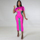 O Neck Short Sleeve Slim Long Dress TE-4696