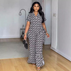Print V Neck Wide Leg Pants Two Piece Set NY-10870