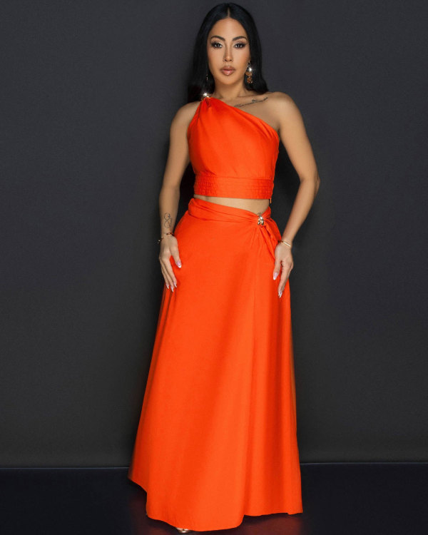 Slash Shoulder Split Sleeveless Two Piece Skirts Set NY-10865