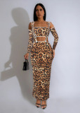 Leopard Print Long Sleeve Sling Two Piece Pants Set MZ-2863