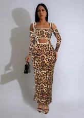 Leopard Print Long Sleeve Sling Two Piece Pants Set MZ-2863