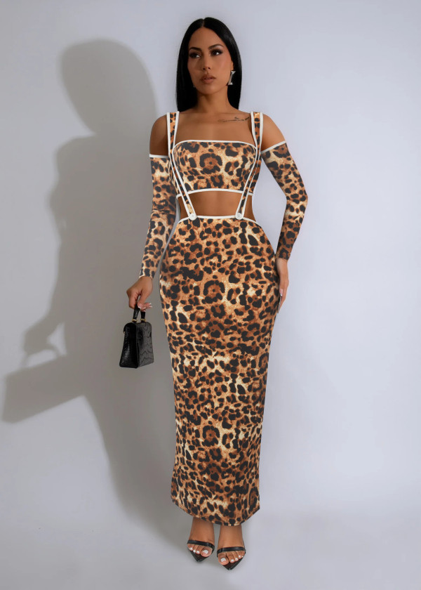 Leopard Print Long Sleeve Sling Two Piece Pants Set MZ-2863