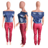 One Shoulder Denim T Shirt Top LX-6020