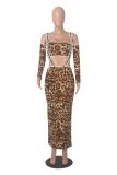 Leopard Print Long Sleeve Sling Two Piece Pants Set MZ-2863