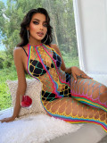Hollow Out Fishing Net Hang Neck Colorful Stripes Erotic Net Clothes GYDE-YDC10