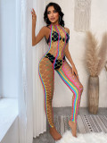 Hollow Out Fishing Net Hang Neck Colorful Stripes Erotic Net Clothes GYDE-YDC10