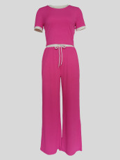 Ribbed Contrast Color Short Sleeve Pants 2 Piece Set MIL-033
