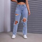 Fashion Washed Holes Straight Jeans GKNF-TSKM-009