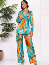 Print Long Sleeve Shirt Loose Pants Suit MIL-036