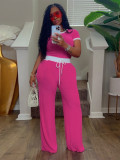 Ribbed Contrast Color Short Sleeve Pants 2 Piece Set MIL-033