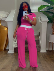 Ribbed Contrast Color Short Sleeve Pants 2 Piece Set MIL-033