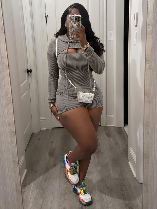 Long Sleeve Hooded Crop Top And Romper 2 Piece Set MIL-021