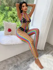 Hollow Out Fishing Net Hang Neck Colorful Stripes Erotic Net Clothes GYDE-YDC10