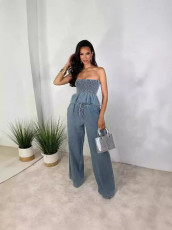 Casual Ruffle Tube Top Denim Wide Leg Suit GQLF-52015