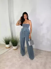 Casual Ruffle Tube Top Denim Wide Leg Suit GQLF-52015