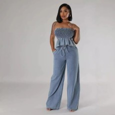 Casual Ruffle Tube Top Denim Wide Leg Suit GQLF-52015