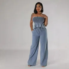 Casual Ruffle Tube Top Denim Wide Leg Suit GQLF-52015