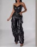 Fashion Sexy Wrap Chest Single-breasted Multi-Pocket Jumpsuit GHKC-13579