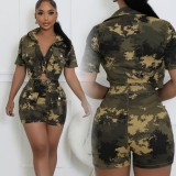 Plus Size Suit Collar Short Sleeve Shorts Camouflage Two Piece Set GHXF-0442