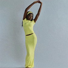 Solid Color Knits Short Sleeve Two Piece Skirt Set XEF-51047