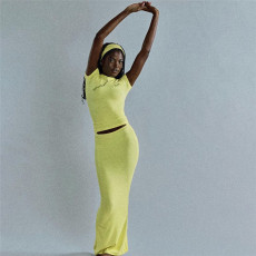 Solid Color Knits Short Sleeve Two Piece Skirt Set XEF-51047