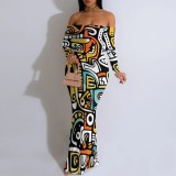 Sexy Print Off Shoulder Long Sleeve Maxi Dress YMT-J6459