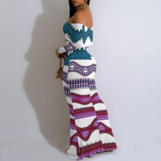 Sexy Print Off Shoulder Long Sleeve Maxi Dress YMT-J6459