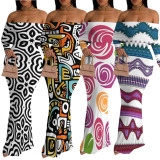 Sexy Print Off Shoulder Long Sleeve Maxi Dress YMT-J6459