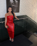 Sexy Solid Color Wrap Chest PU Leather Maxi Dress TE-4698