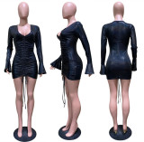 Low Cut Flared Sleeve Drawstring Tie Mini Dress LSL-LS0023