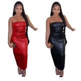 Sexy Solid Color Wrap Chest PU Leather Maxi Dress TE-4698