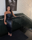 Sexy Solid Color Wrap Chest PU Leather Maxi Dress TE-4698