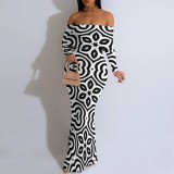 Sexy Print Off Shoulder Long Sleeve Maxi Dress YMT-J6459