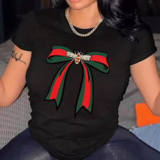 Plus Size Bow Print Short Sleeve T Shirt YIM-YMT001