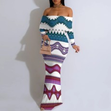 Sexy Print Off Shoulder Long Sleeve Maxi Dress YMT-J6459