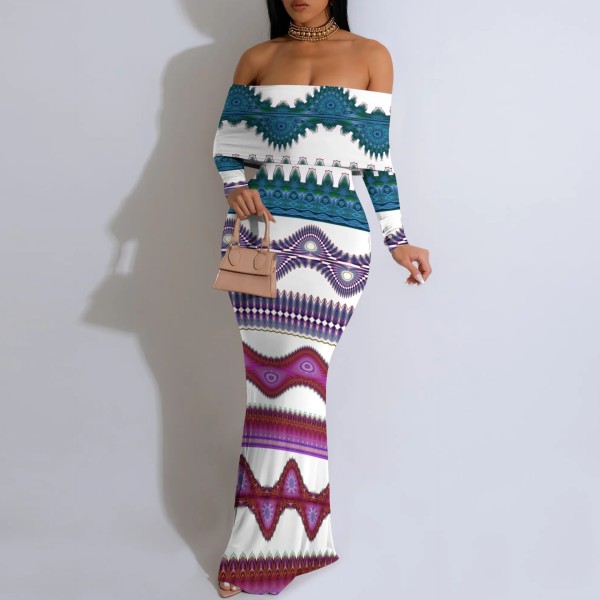 Sexy Print Off Shoulder Long Sleeve Maxi Dress YMT-J6459