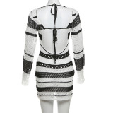 Hollow Out Backless Knits Stripe Mini Dress XEF-51934
