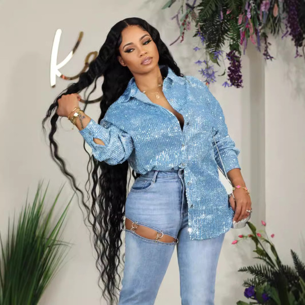 Fashion Lapel Sequin Long Sleeve Shirt SFY-529