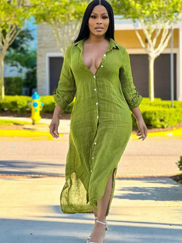 Solid Color Long Sleeve Shirt Dress SH-S391137