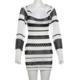 Hollow Out Backless Knits Stripe Mini Dress XEF-51934