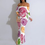 Sexy Print Off Shoulder Long Sleeve Maxi Dress YMT-J6459