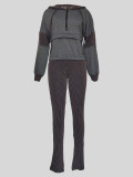 Long Sleeve Hooded Patchwork Top Stripe Pants Suit MIL-T049