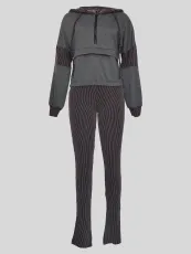Long Sleeve Hooded Patchwork Top Stripe Pants Suit MIL-T049