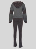 Long Sleeve Hooded Patchwork Top Stripe Pants Suit MIL-T049