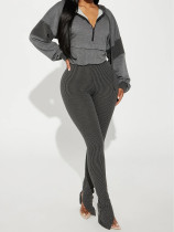 Long Sleeve Hooded Patchwork Top Stripe Pants Suit MIL-T049