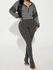 Long Sleeve Hooded Patchwork Top Stripe Pants Suit MIL-T049
