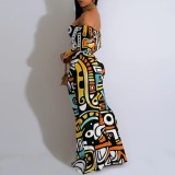 Sexy Print Off Shoulder Long Sleeve Maxi Dress YMT-J6459