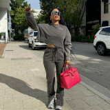 Long Sleeve Hooded Embroidered Straight Lace Up Pants Set XEF-52015